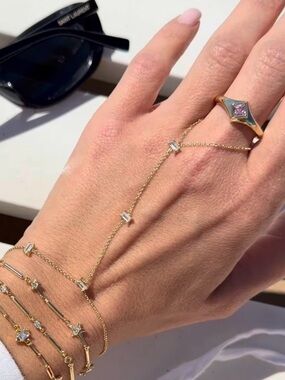 14K Gold Plated Rhodium Hand Chain Bracelet, Baguette CZ Stone Slave Bracelet
